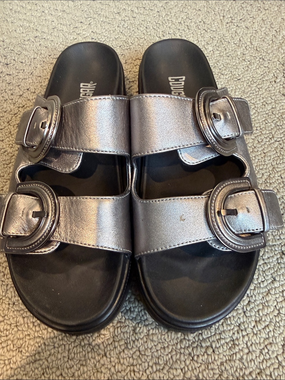 Cougar Metallic Silver Double-Buckle Slide Sandals
